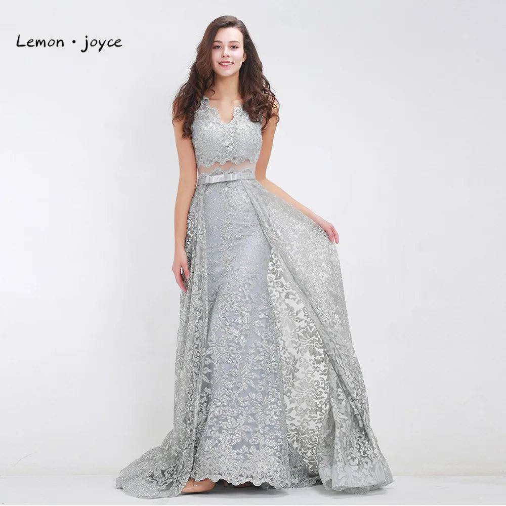Лимонное joyce Формальное серое вечернее платье длинное роскошное с v-образным вырезом Расшитое бисером блестящее прикрепляемое платье с шлейфом для выпускного вечера размера плюс - Цвет: Gray