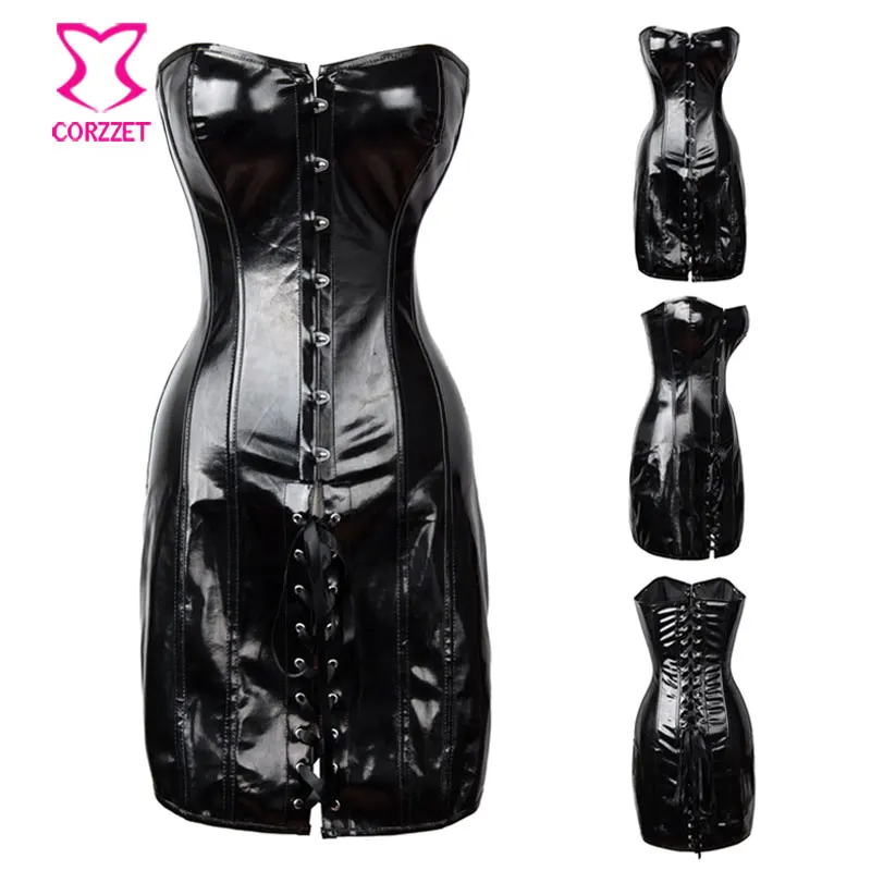 Глянцевый черный ПВХ Кожа Overbust длинное корсетное платье в стиле бурлеск одежда