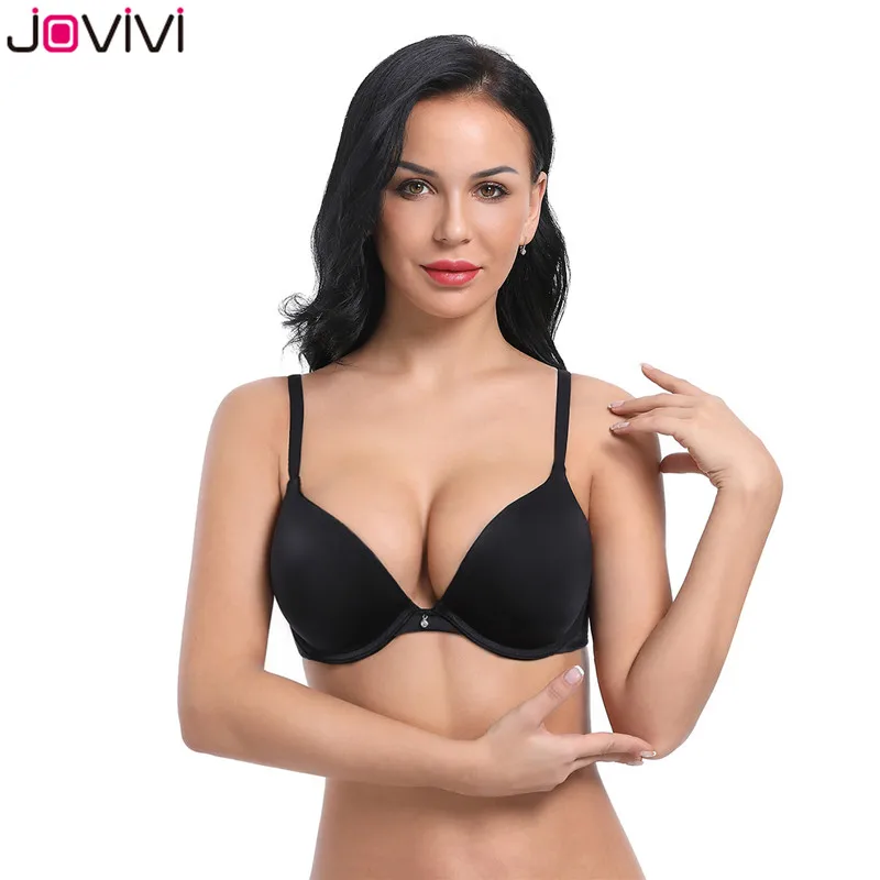 Jovivi 32A-38DD женская футболка бюстгальтер пуш-ап Повседневный базовый бюстгальтер для одежды с глубоким вырезом Гладкий слегка женский сексуальный бюстгалтер 1 шт. черный/белый/бежевый/розовый