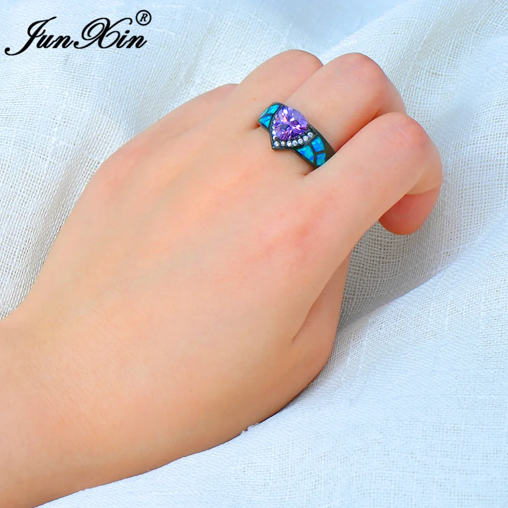 

JUNXIN Female Girl Purple Ring Triangle Design Blue Fire Opal Ring Black Gold Filled Promise Engagement Rings For Women