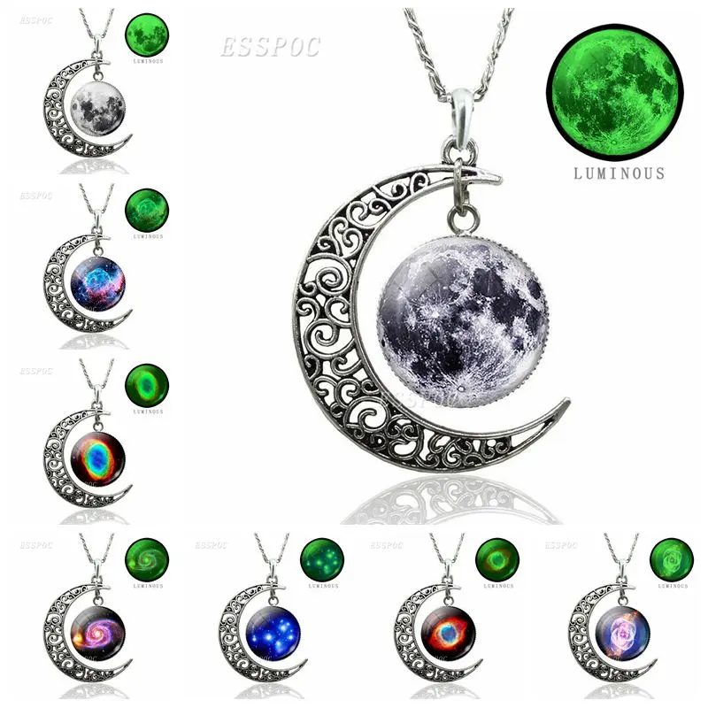 

Luminous Crescent Moon Necklace Moon Nebula Planet Pendant Jewelry Glow In The Dark Fashion Jewelry for Girl Valentines Gifts