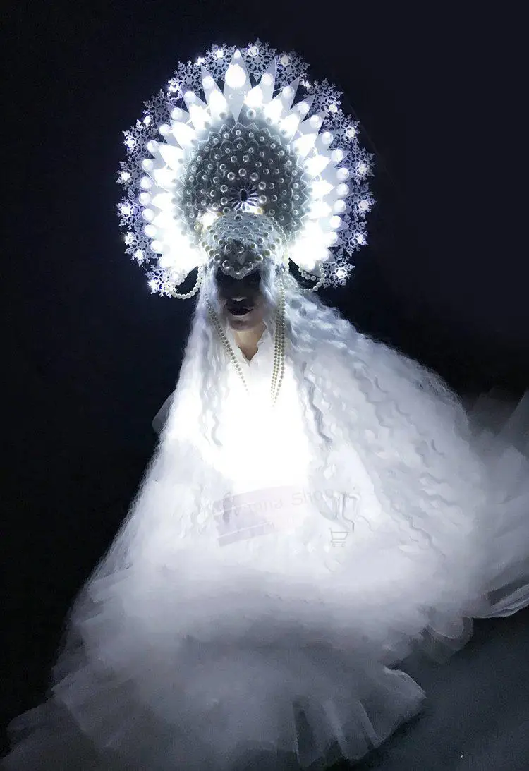 Christmas Party Performance Feather Headpiece White Snow Queen Sexy Led Light Costume for Stage