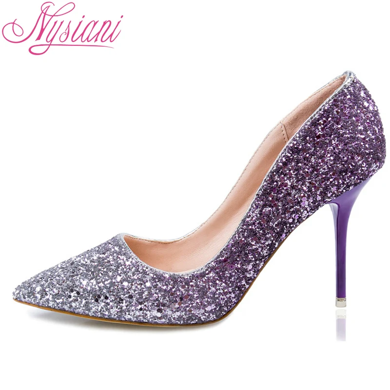 2017 New Sexy High Heel Shoes Pointed Toe Sequined Cloth Thin Heels Fashion Nightclub Wedding Purple Autumn Ladies | Обувь