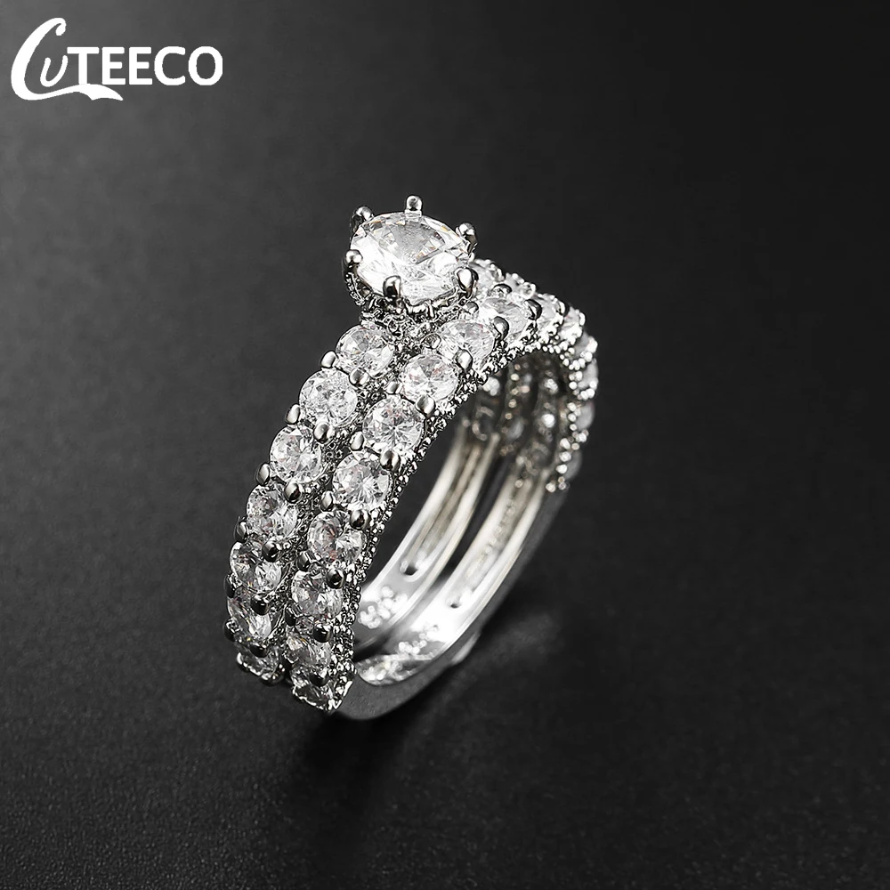 CUTEECO Новое Круглое Белое CZ каменное кольцо набор серебряного цвета роскошные циркониевые кольца для женщин модные ювелирные изделия дропшиппинг