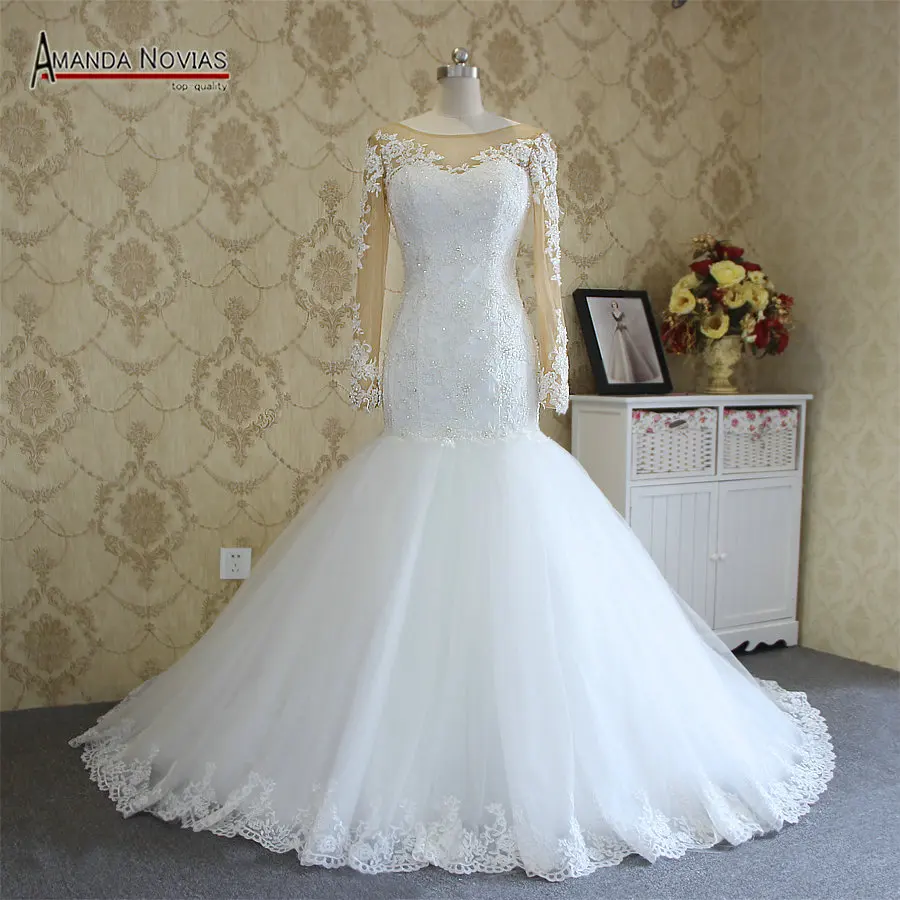 Женское свадебное платье русалка кружевное с длинным рукавом и низкой спиной