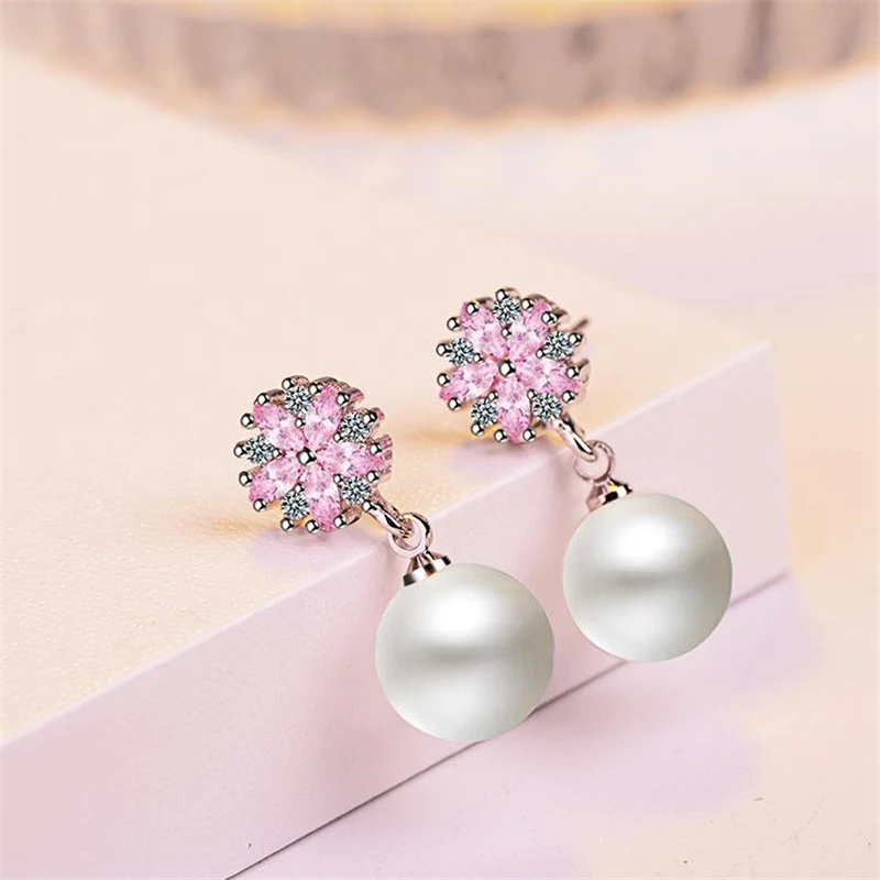 

KOFSAC Charm 925 Sterling Silve Stud Earrings For Women Exquisite Cherry blossoms Earring Luxury Pink CZ Crystal Pearl Jewelry