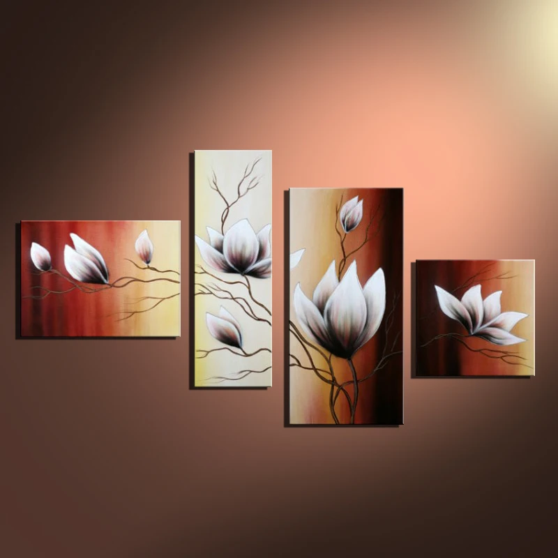 

Handmade Modern Abstract White Flower Oil Painting on Canvas 4 Panel Wall Art Calligraphy Pictures for Bedding Room Home Decor