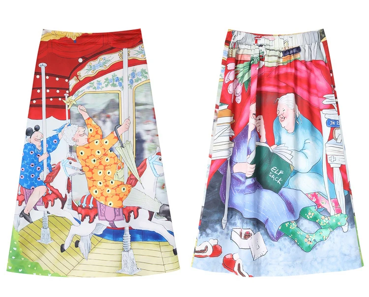 ELFSACK Fashion Cartoon Print Women Skirt Summer Vintage A-line Mid Waist Female Skirts Streetwear Casual Femme Bottoms