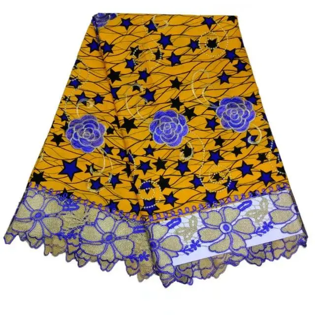 

6Y/pc Fashionable stars serie fuchsia printed wax fabric and blue water soluble african cord lace for dress LBL27-4