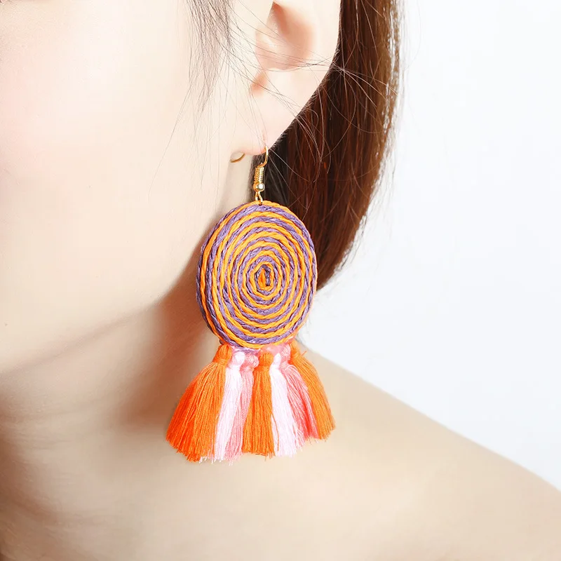 

6 Patterns Mix Colors Strings Plaited Round Spiral Thread Tassel Boho Dangle Earrings Women Drop Earrings
