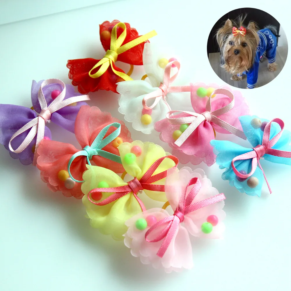 10pcs Pet hair bows Cute Chiffon dog bows Rubber bands dog hair accessories Pet grooming products Gift
