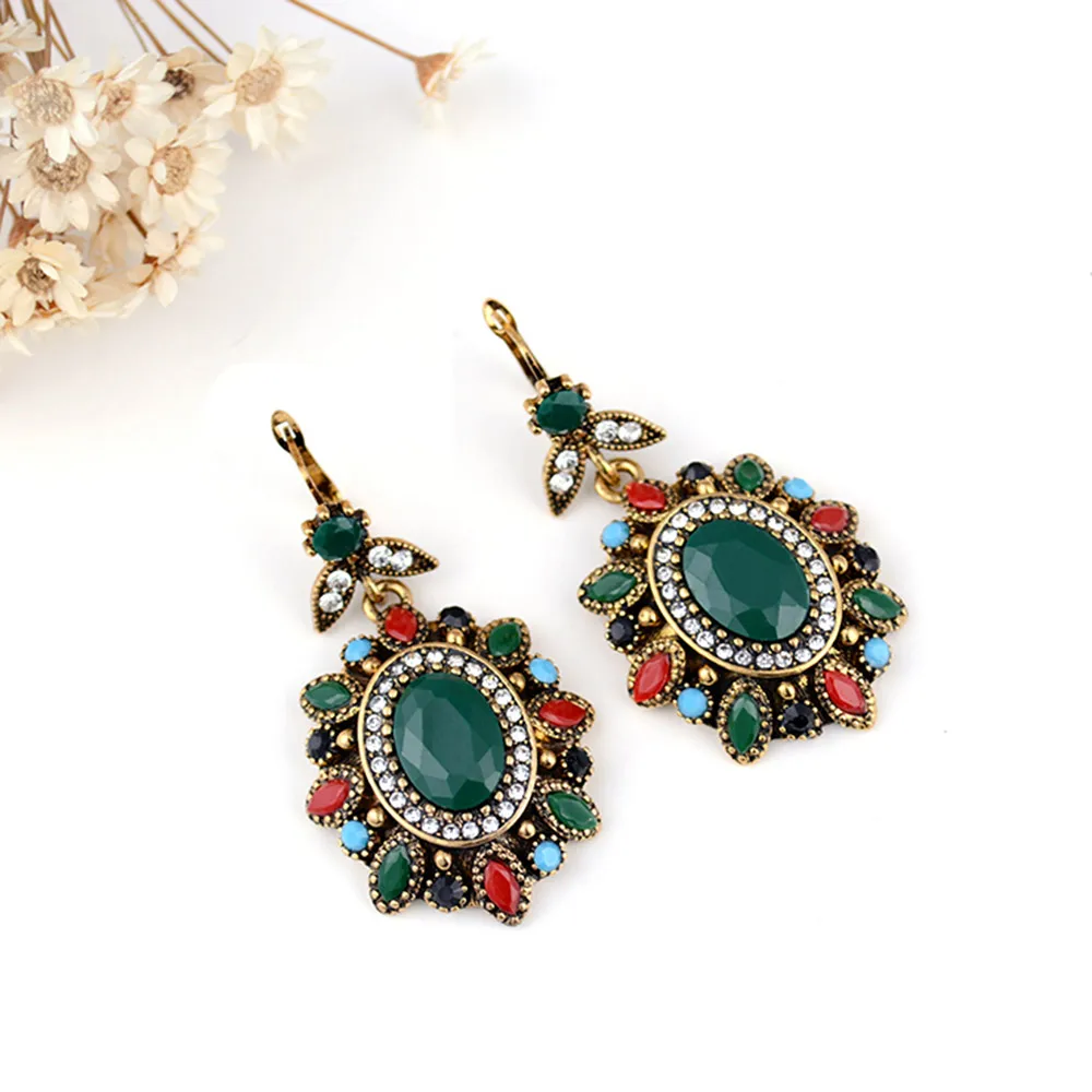 Новое модное ретро индийское зеленое ожерелье с кристаллом в форме цветка Серьги