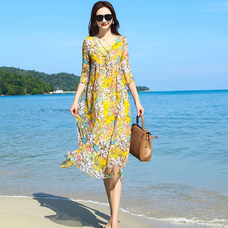 Boho пляжное летнее платье Настоящее шелковое винтажное Цветочное платье женское повседневное розовое платье элегантное, миди женские платья Vestidos 89266 - Цвет: yellow