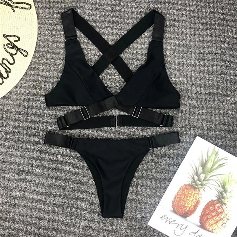 Женский раздельный купальник, новинка, модный сексуальный женский пляжный купальник, мягкий бюстгальтер, бандаж, бикини, набор, треугольный купальник - Цвет: Черный