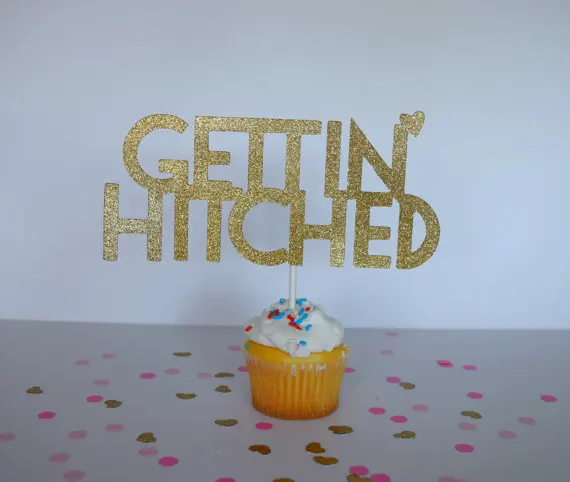 

glitter Bridal Shower cupcake ToppersGettin' Hitched Bacheloretty Party wedding Cake Topper decor