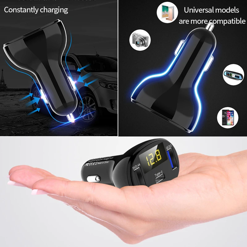 Автомобиль Dual USB Автомобильное зарядное устройство прикуривателя Тип C QC 3,0 Зарядное устройство 5V светодиодный Дисплей адаптер-разветвитель Авто гнездо зарядки электронных аксессуаров