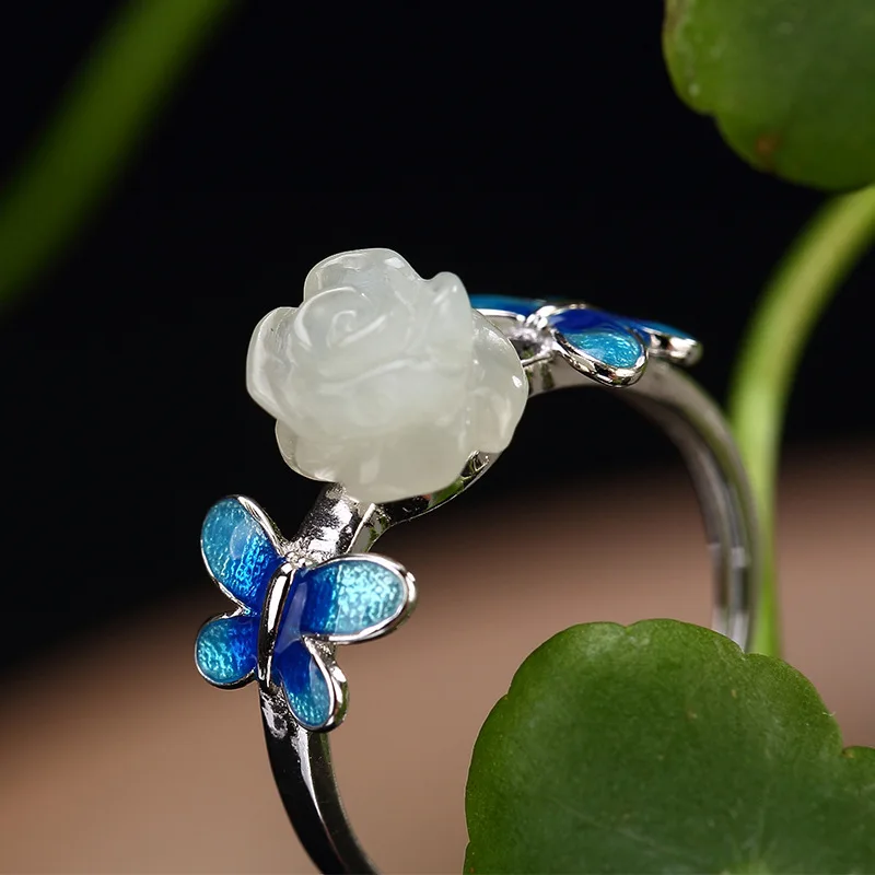 

New Arrival silver S925 pure silver natural Hetian jade white jade mosaic Cloisonne Rose Lady open ring wholesale