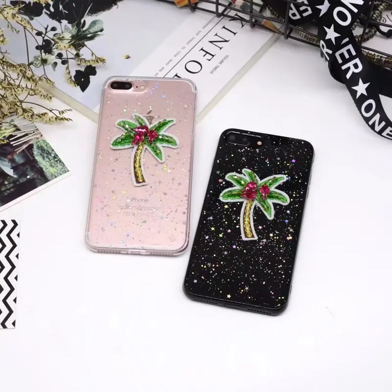 EVANKALX Coconut Palm Tree Printed Soft Case For iPhone 8 7 6 6s Gillter transparent Mobile Plus Clear Capa |