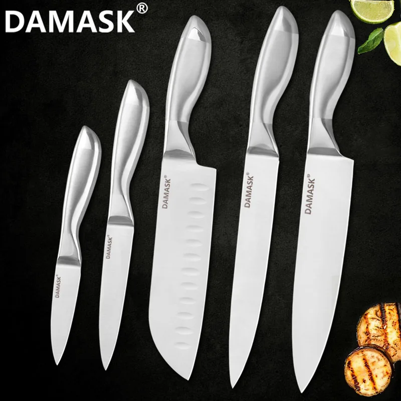 5 PCS Дамасский набор кухонных ножей, кухонный нож японского шеф-повара из нержавеющей стали с подставкой для ножей, эргономичный дизайн ручки, нож для мяса - Цвет: 5 PCS