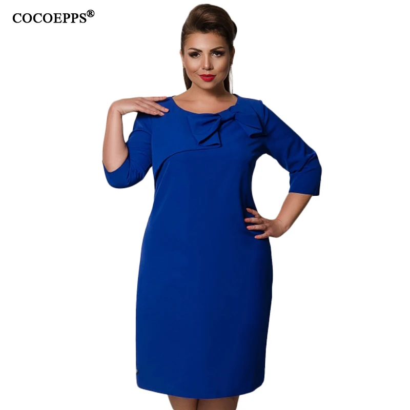 Solid Plus Size Elegant Bow Ladies Dress Fashion 2019 Autumn Winter women Dresses Big Three Quarter Knee Length Vesitides | Женская