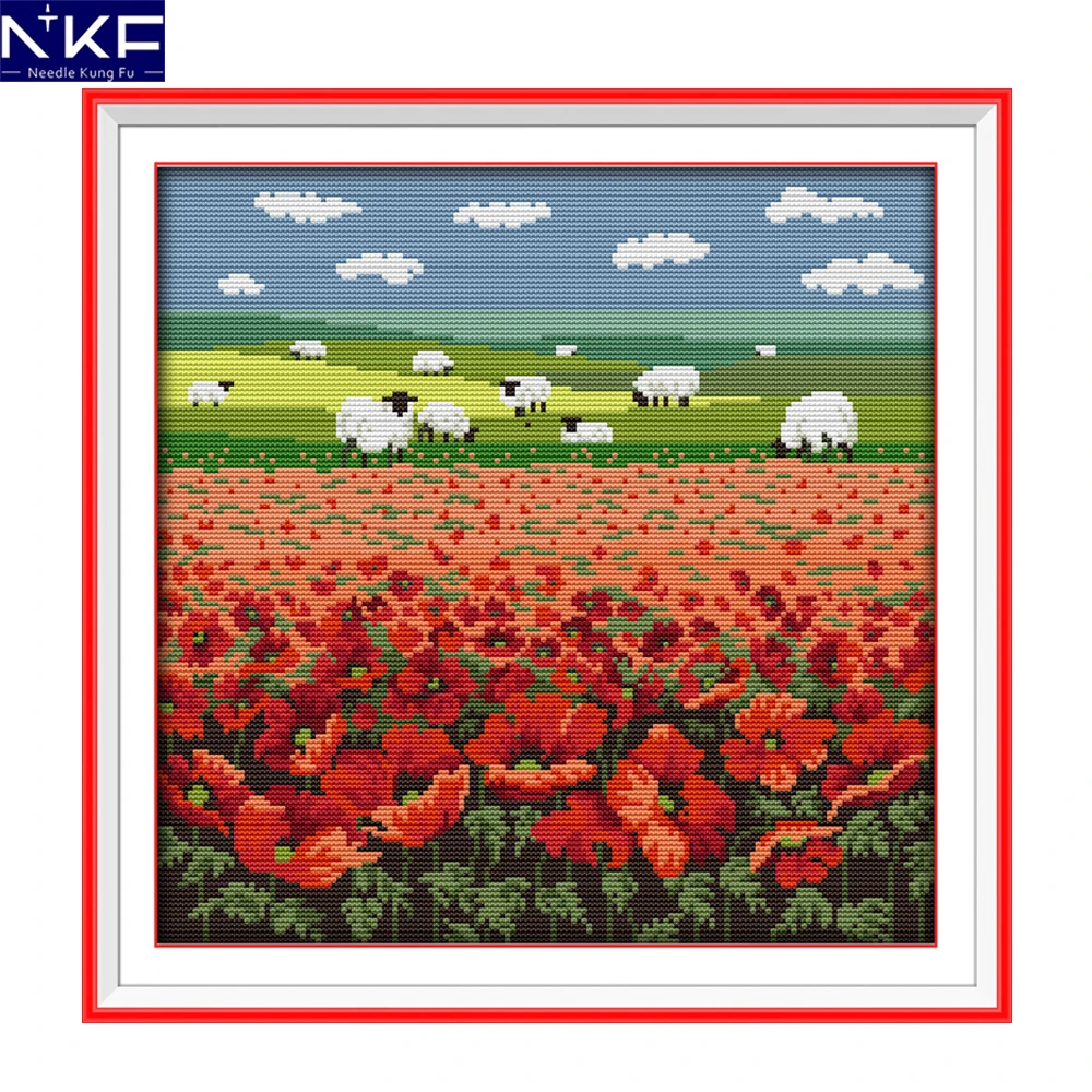 

NKF Poppy and Sheep Cross Stitch Pattern Handmade Craft Scenery Design Needlework Cross Stitch Set Embroidery for Home Decor