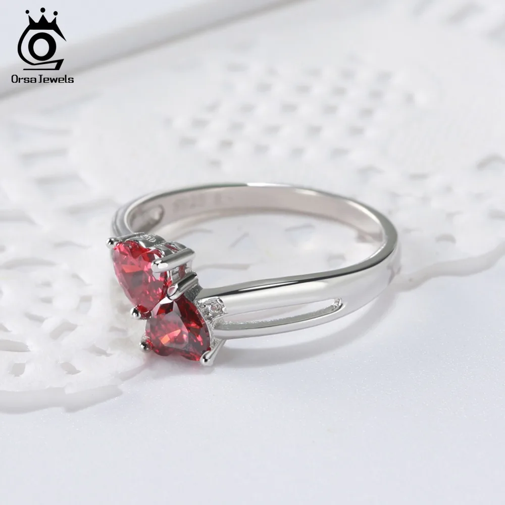 ORSA JEWELS женское серебряное кольцо из натуральной 925 пробы в форме двойного сердца, AAA Красный кубический циркон, Женское кольцо для вечеринки, ювелирное изделие, SR58-R