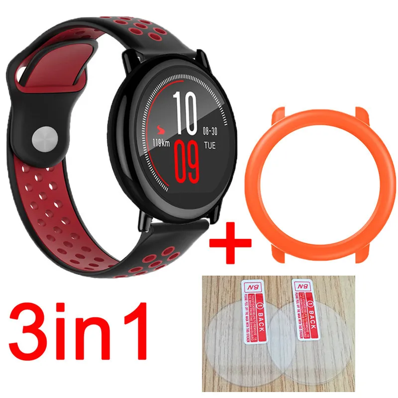 black red-orange 3в1 Huami Amazfit Stratos pace ремешок Смарт часы силиконовые полосы браслет ремень для xiaomi Huami Amazfit стекло Защита экрана - Цвет: black red-orange