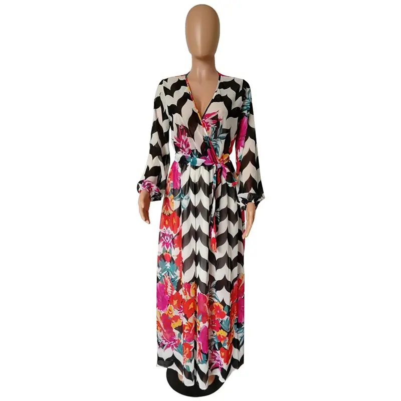 Модное шифоновое макси-платье в полоску с цветочным принтом женское платье