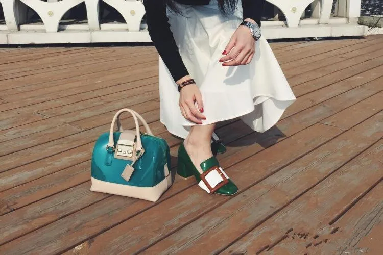 5cm Hoof Heel Women Pumps Mixed Colors Square Toe Buckle Lady Shoes Patent Leather Office Slip-On for Woman Tenis Feminino | Обувь