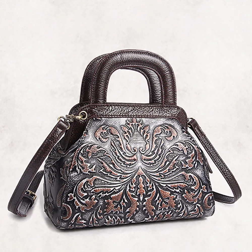 Сумка-тоут женская из натуральной кожи мессенджер воловьей с тиснением саквояж