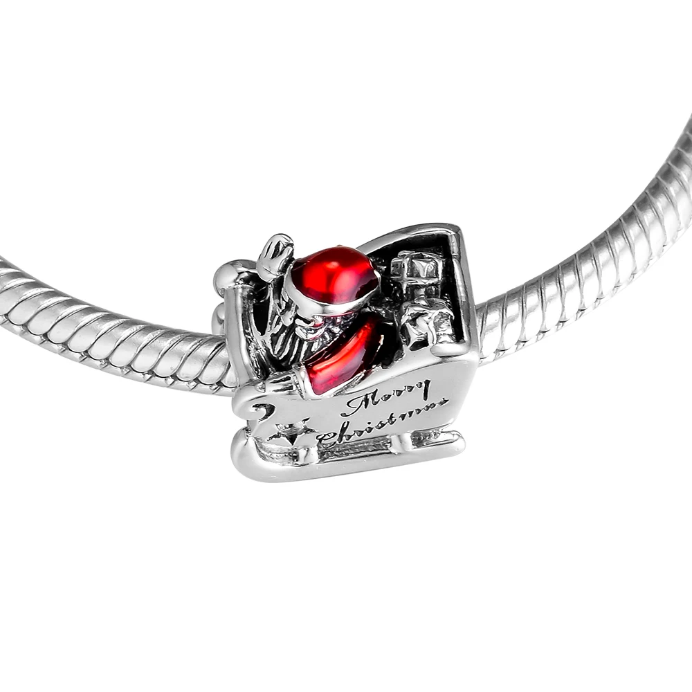 Подходит для Pandora Браслеты Санта на санках талисманы с полупрозрачная Красная