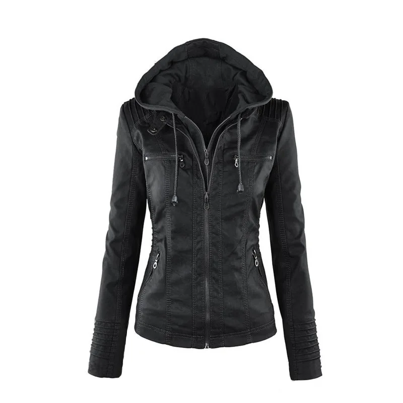 UHYTGF Spring Leather Jacket Women Black PU Leather Coat Basic coat Zippers Short Hooded Jackets Female Faux Leather Jackets 411