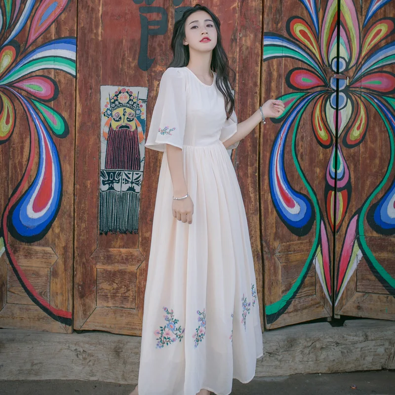 Женское шифоновое платье с цветочной вышивкой длинное винтажное облегающее