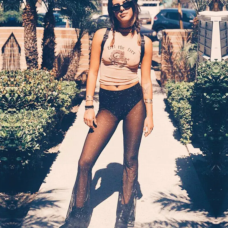 

2019 Sexy Women High Waist Sequins Sparky Long Flared Pants Bikini Cover Ups Trousers Mesh Sheer See Through Pants Beachwear New