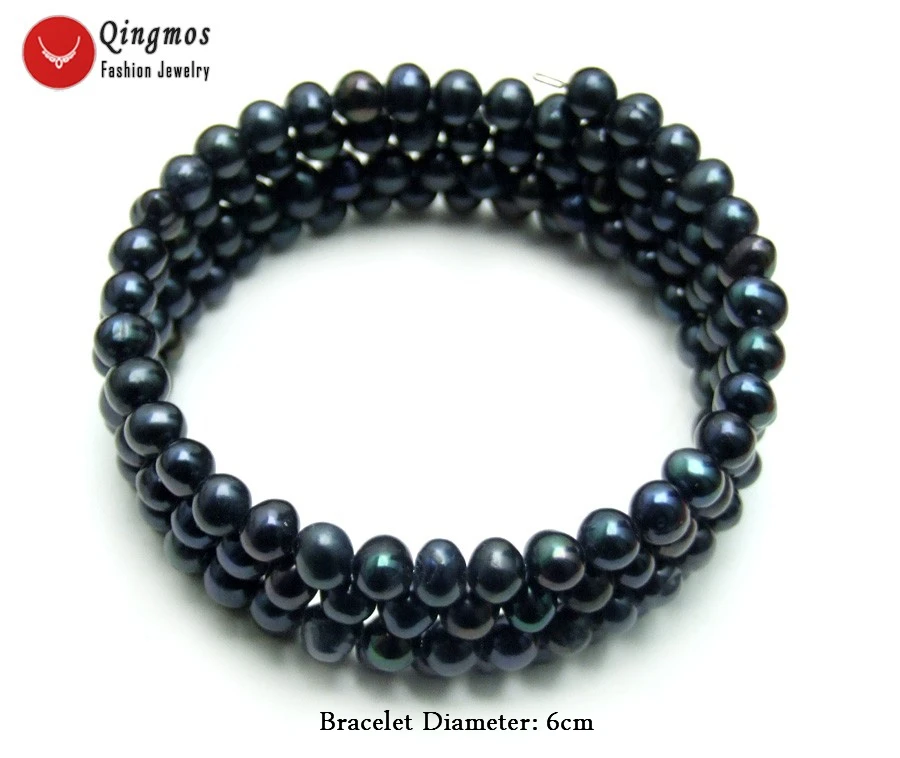 Qingmos Trendy Natural Pearl Bracelets for Women with 4-5mm Round Black Steel Wire Wrap Bracelet Fine Jewelry 28'' bra446 |
