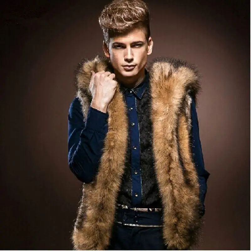 

New Fashion Winter Men Fur Vest Thick Fur Hooded Vests Men Waistcoats Males Sleeveless Outerwear Brand Clothing Coat Vests