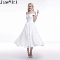 janevini a line tea length wedding dress lace 2019 off shoulder mid length bride dresses white button back beach wedding gowns