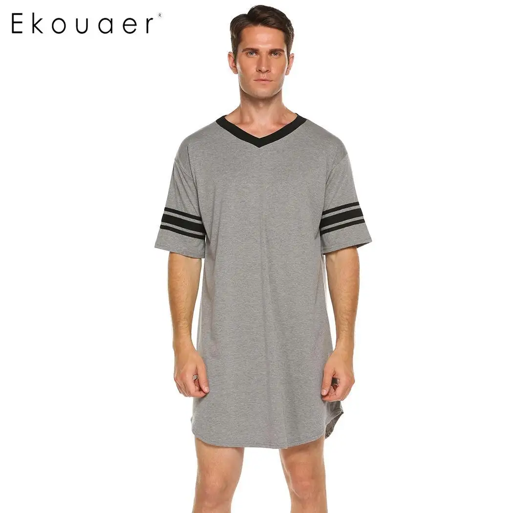 Dark Grey Ekouaer Мужская пижама длинная ночная рубашка с коротким рукавом ночная рубашка мягкая удобная свободная рубашка для сна Мужская домашняя одежда - Color: Dark Grey