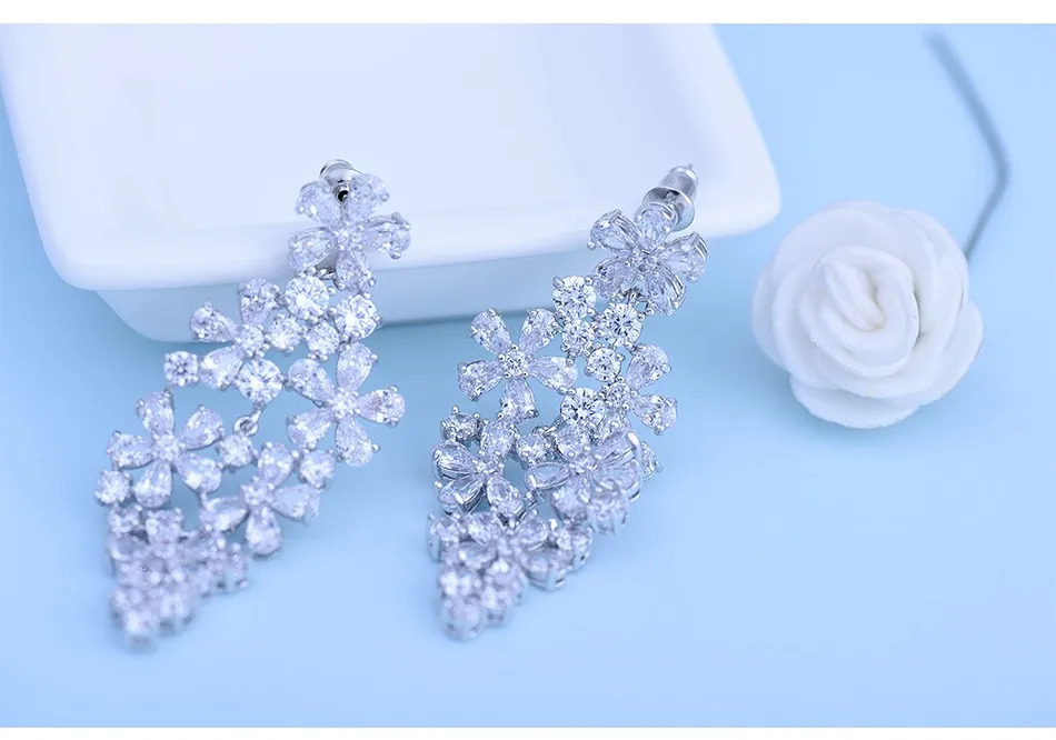 Luoteemi Фирменная Новинка цветы Форма Bijoux Шинг CZ кристально белого золота-Цвет Jewelry Висячие серьги для Для женщин партии orecchini подарки