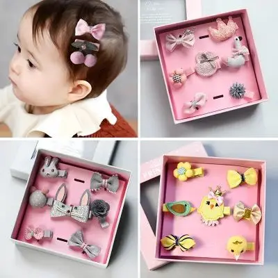 Girls Hairpins Boutique Gift Box Set Kids Bowknot Crown Pompom Hair Clips Elastic Hairband Accessories | Детская одежда и обувь