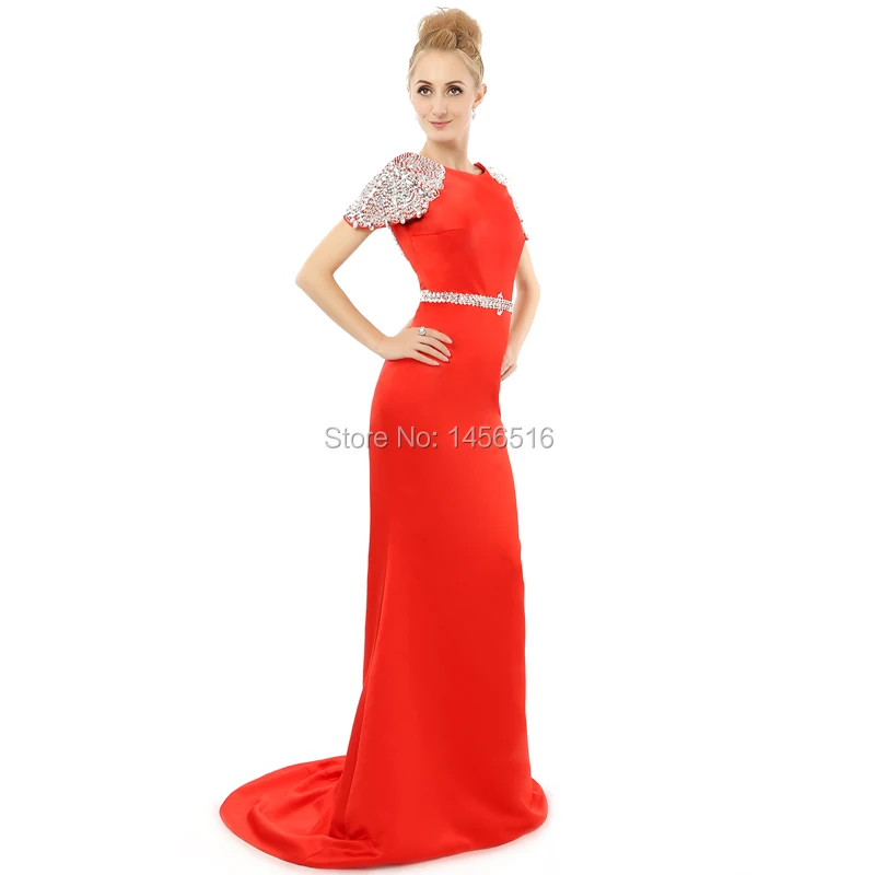 Женское вечернее платье красное с коротким рукавом и бусинами|prom dresses|prom dress