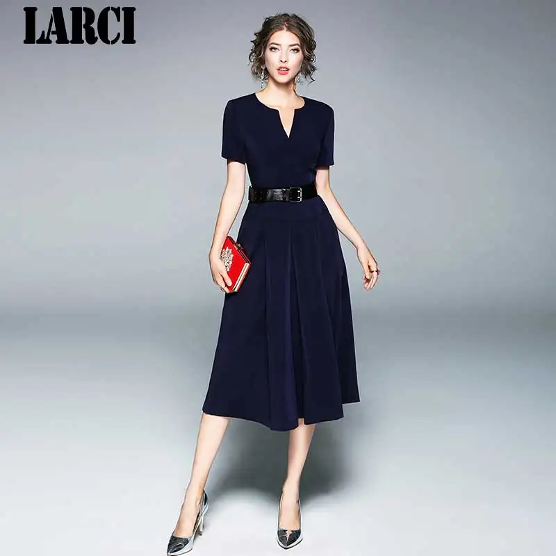 LARCI 2018 Лето v образным вырезом Темно синие длинные деловая модельная одежда Vestidos