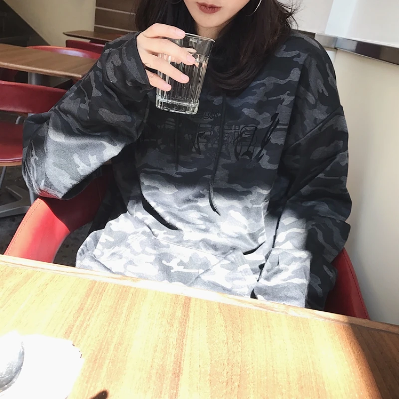 Женская камуфляжная толстовка с капюшоном и вышивкой в стиле хип хоп|Женские