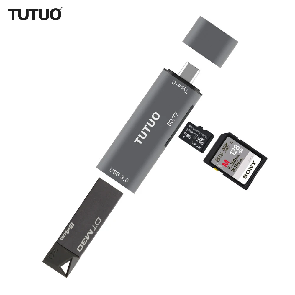 Конвертер TUTUO 4 в 1 USB C A 3 0 SD/TF кардридер Type OTG адаптер для Macbook Pro/Samsung S8/Huawei P10 (серый)| |
