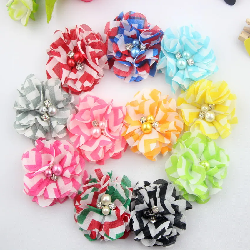 

30pcs/lot 5.5ccm Chiffon Flowers With Pearls And Rhinestones Fabric Flowers For Baby Headbands Hair Accessories Free Shipping