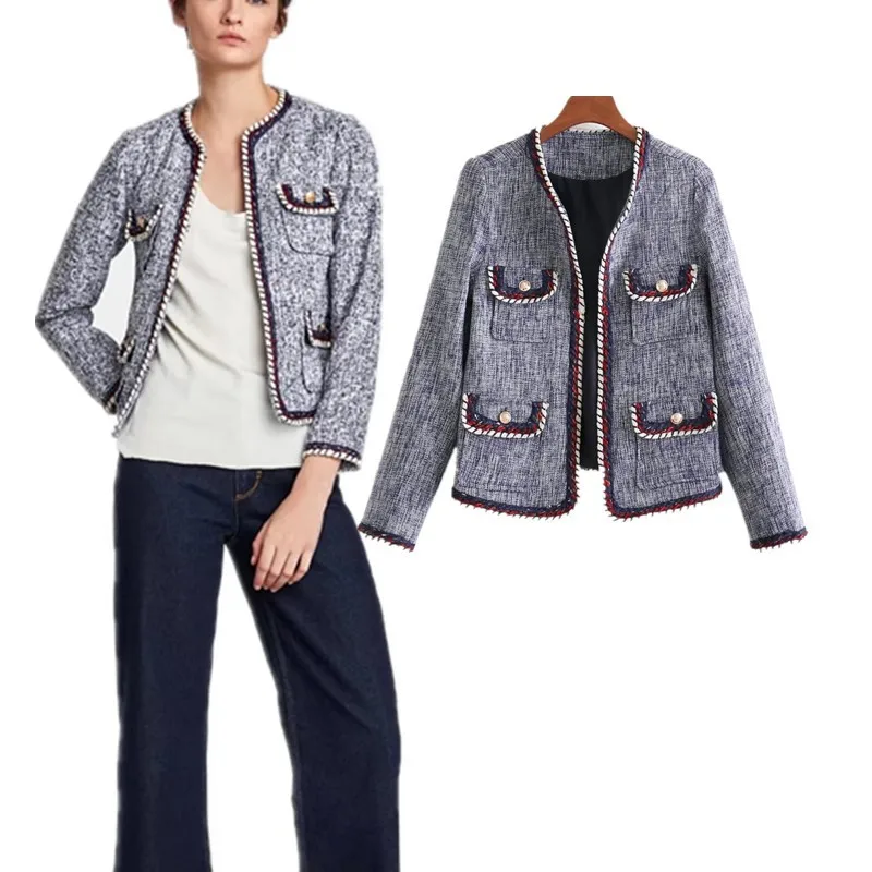 

Куртка женская твидовая, с V-образным вырезом, Осень-зима 2018