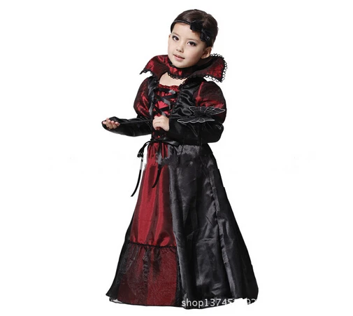

Free shipping girl kid 110-140cm Halloween kids witch vampire cute party Costume Dress+necklace Cosplay Costumes Dress Costume