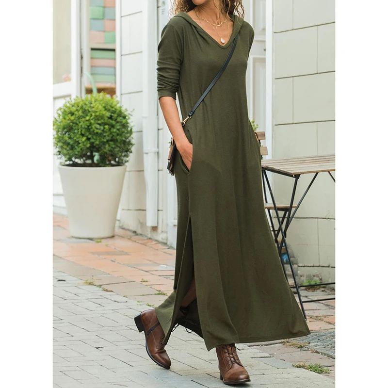 Трикотажное платье-толстовка с длинным рукавом и капюшоном на весну осень 2019 |