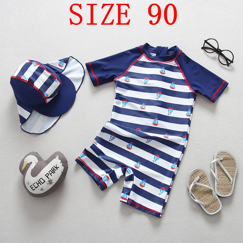 SIZE 90 Купальный костюм для мальчиков, новинка года, брендовый купальный костюм в полоску для малышей детский купальный костюм с солнцезащитной шапочкой, милый детский купальный костюм с героями мультфильмов, От 1 до 7 лет - Цвет: SIZE 90