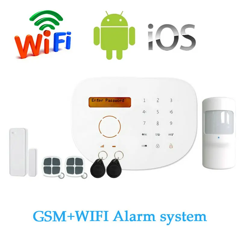 (1 Set) S2G Wireless GSM Alarm system with WIFI Function SIM SMS support APP Control LCD display and Touch panel RFID Card